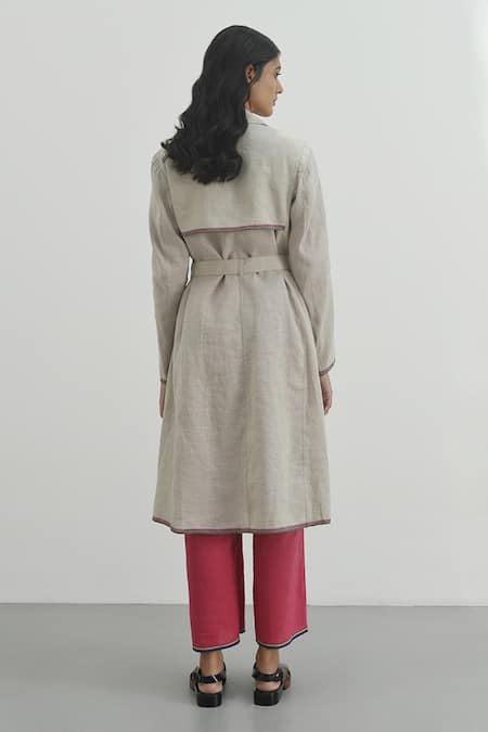 Shop_Payal Pratap_Beige Handloom Cotton Collared Lecco Trench Jacket _at_Aza_Fashions