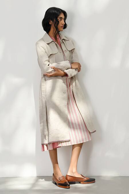 Payal Pratap_Beige Handloom Cotton Collared Lecco Trench Jacket _Online_at_Aza_Fashions