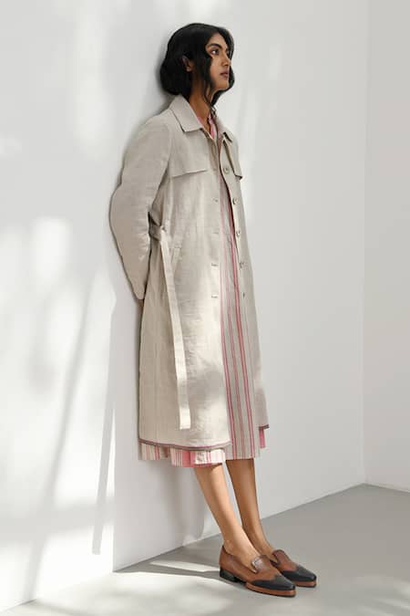 Buy_Payal Pratap_Beige Handloom Cotton Collared Lecco Trench Jacket _Online_at_Aza_Fashions