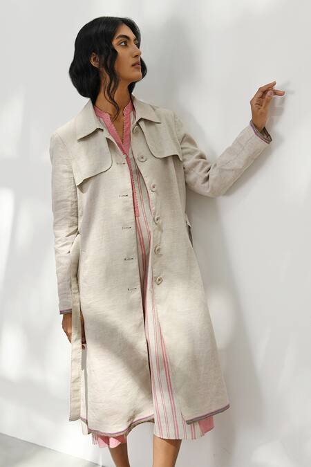 Shop_Payal Pratap_Beige Handloom Cotton Collared Lecco Trench Jacket _Online_at_Aza_Fashions