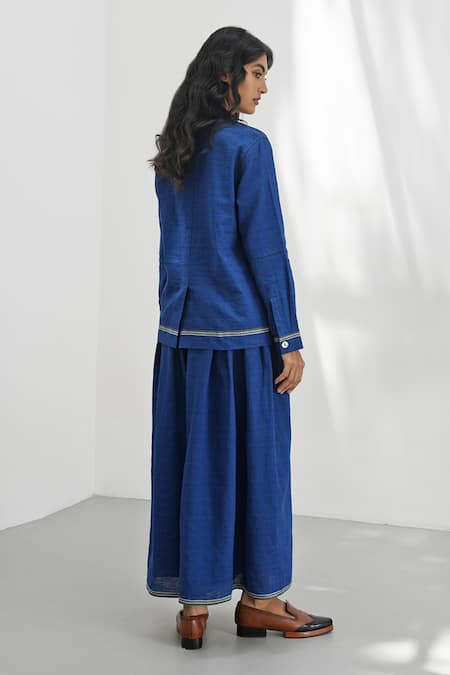 Shop_Payal Pratap_Blue Handloom Cotton Collared Foggia Linen Shacket _at_Aza_Fashions