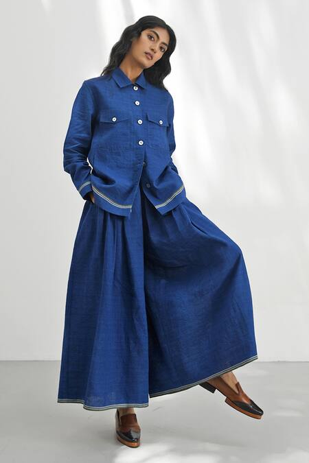 Payal Pratap_Blue Handloom Cotton Collared Foggia Linen Shacket _Online_at_Aza_Fashions
