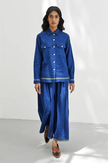 Buy_Payal Pratap_Blue Handloom Cotton Collared Foggia Linen Shacket _Online_at_Aza_Fashions