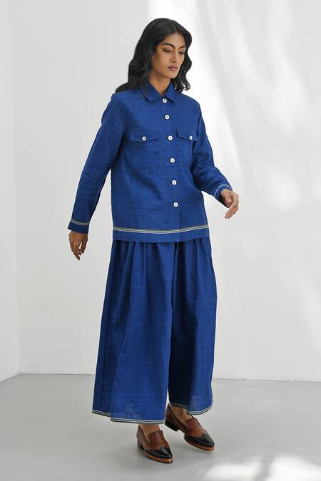 Shop_Payal Pratap_Blue Handloom Cotton Collared Foggia Linen Shacket _Online_at_Aza_Fashions