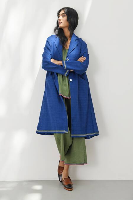 Payal Pratap_Blue Handloom Cotton Collared Alghero Jacket _Online_at_Aza_Fashions
