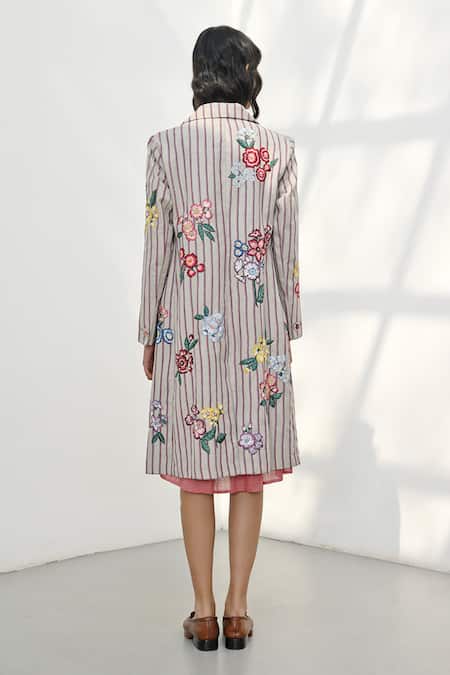 Shop_Payal Pratap_Beige Handloom Linen Print Stripe Lapel Collar Mitata Embroidered Jacket _at_Aza_Fashions