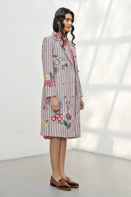 Payal Pratap_Beige Handloom Linen Print Stripe Lapel Collar Mitata Embroidered Jacket _Online_at_Aza_Fashions