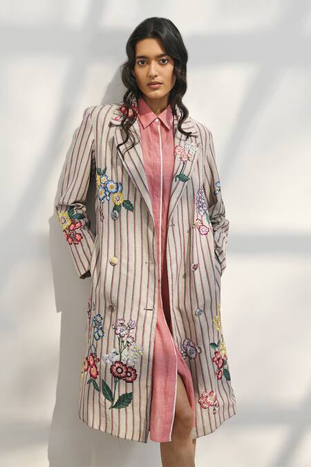 Buy_Payal Pratap_Beige Handloom Linen Print Stripe Lapel Collar Mitata Embroidered Jacket _Online_at_Aza_Fashions