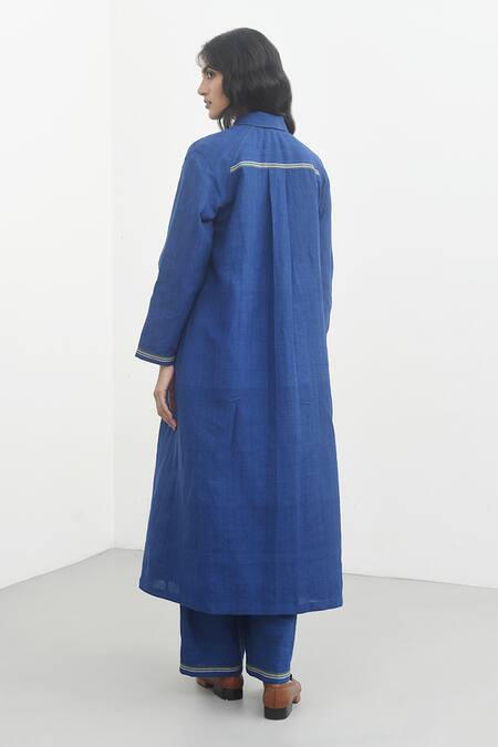 Shop_Payal Pratap_Blue Handloom Linen Pintuck Collared Neck Lecce Dress _at_Aza_Fashions