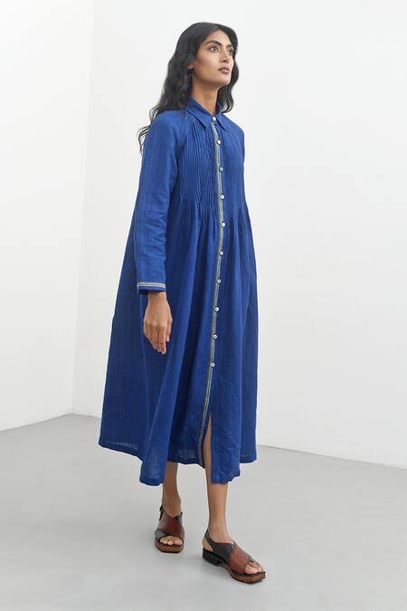 Payal Pratap_Blue Handloom Linen Pintuck Collared Neck Lecce Dress _Online_at_Aza_Fashions