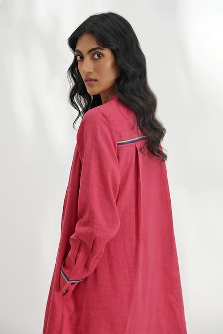 Shop_Payal Pratap_Red Handloom Linen Pleated Round Collar Empoli Pintuck Dress _at_Aza_Fashions