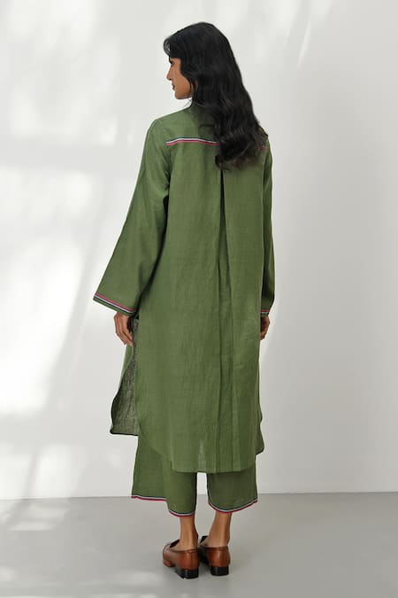 Shop_Payal Pratap_Green Handloom Cotton Collared Gubbio Tunic _at_Aza_Fashions