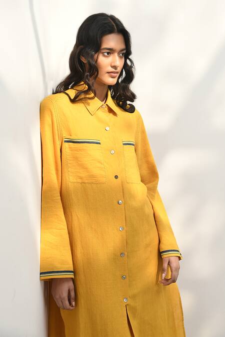 Shop_Payal Pratap_Yellow Handloom Cotton Collared Gubbio Tunic _Online_at_Aza_Fashions