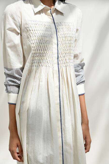 Payal Pratap_Ivory Handloom Cotton Collared Acaria Smocked Dress _Online_at_Aza_Fashions