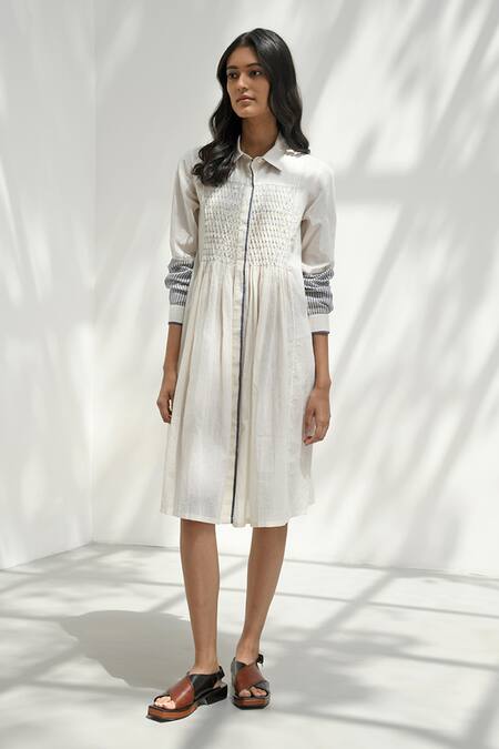 Buy_Payal Pratap_Ivory Handloom Cotton Collared Acaria Smocked Dress _Online_at_Aza_Fashions