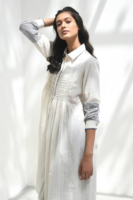 Shop_Payal Pratap_Ivory Handloom Cotton Collared Acaria Smocked Dress _Online_at_Aza_Fashions