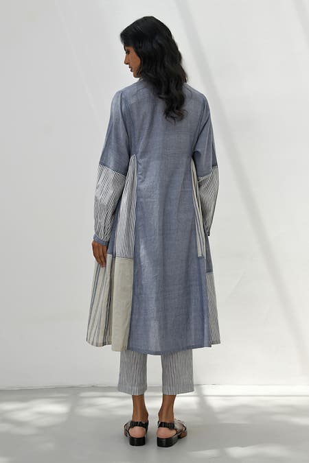 Shop_Payal Pratap_Blue Cotton Patchwork Bandeau Neck Monza Handloom Dress _at_Aza_Fashions