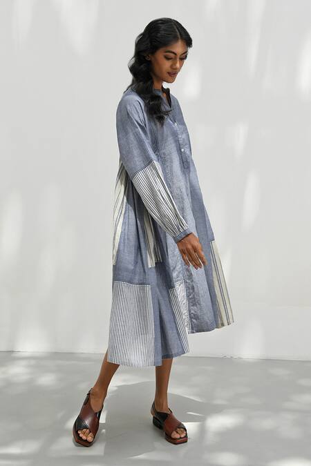 Payal Pratap_Blue Cotton Patchwork Bandeau Neck Monza Handloom Dress _Online_at_Aza_Fashions