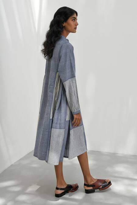 Buy_Payal Pratap_Blue Cotton Patchwork Bandeau Neck Monza Handloom Dress _Online_at_Aza_Fashions