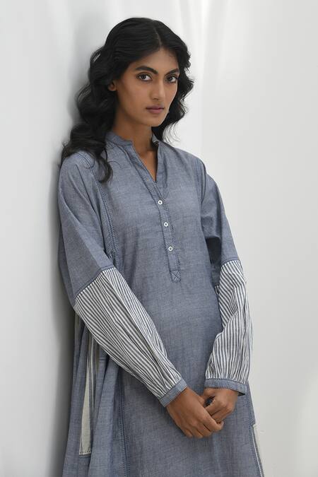 Shop_Payal Pratap_Blue Cotton Patchwork Bandeau Neck Monza Handloom Dress _Online_at_Aza_Fashions