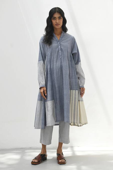 Payal Pratap_Blue Cotton Patchwork Bandeau Neck Monza Handloom Dress _at_Aza_Fashions