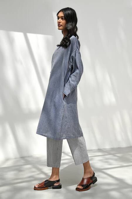 Payal Pratap_Blue Cotton Lace, Fringe Bandeau Neck Assos Handloom Hand Embroidered Dress _Online_at_Aza_Fashions