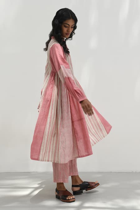 Payal Pratap Pink Cotton Mandarin Collar Fidakia Handloom Stripe Print Dress Online at Aza Fashions Payal Pratap_Pink Cotton Mandarin Collar Fidakia Handloom Stripe Print Dress _Online_at_Aza_Fashions