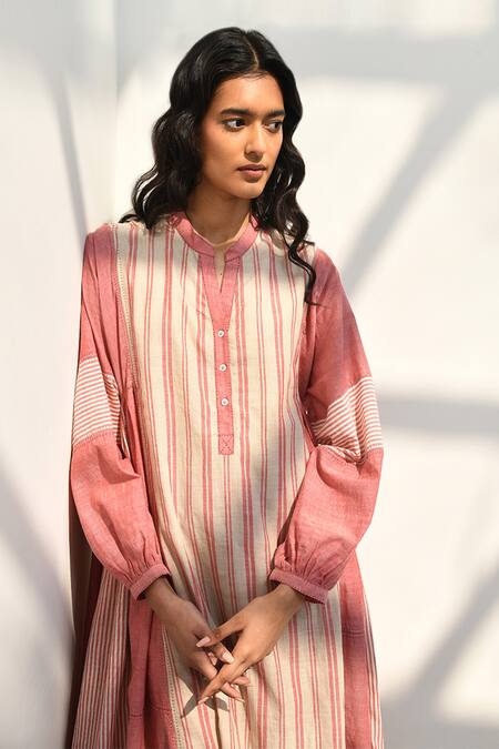 Buy Payal Pratap Pink Cotton Mandarin Collar Fidakia Handloom Stripe Print Dress Online at Aza Fashions Buy_Payal Pratap_Pink Cotton Mandarin Collar Fidakia Handloom Stripe Print Dress _Online_at_Aza_Fashions