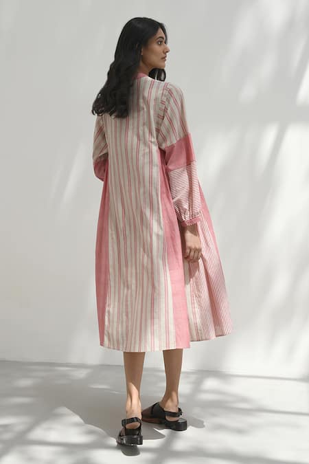 Shop_Payal Pratap_Pink Handloom Cotton Bandeau Neck Chloe Stripe Patchwork Print Dress _at_Aza_Fashions