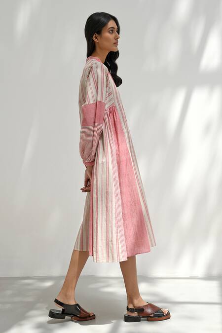 Payal Pratap_Pink Handloom Cotton Bandeau Neck Chloe Stripe Patchwork Print Dress _Online_at_Aza_Fashions