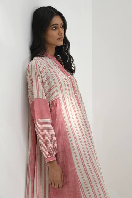 Buy_Payal Pratap_Pink Handloom Cotton Bandeau Neck Chloe Stripe Patchwork Print Dress _Online_at_Aza_Fashions