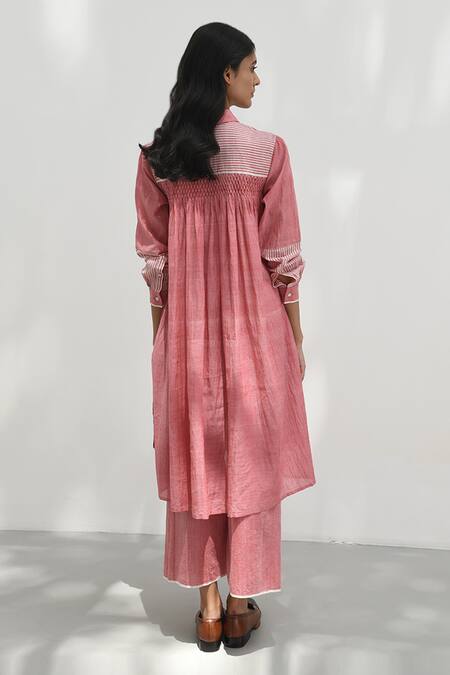 Shop_Payal Pratap_Pink Cotton Embroidery Collared Rhodes Handloom Smocked Back Tunic _at_Aza_Fashions