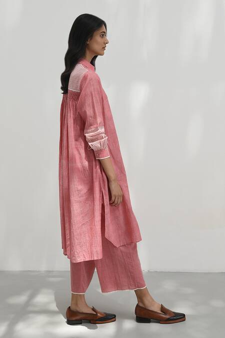 Payal Pratap_Pink Cotton Embroidery Collared Rhodes Handloom Smocked Back Tunic _Online_at_Aza_Fashions