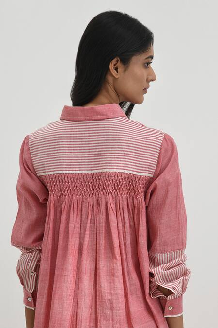 Buy_Payal Pratap_Pink Cotton Embroidery Collared Rhodes Handloom Smocked Back Tunic _Online_at_Aza_Fashions