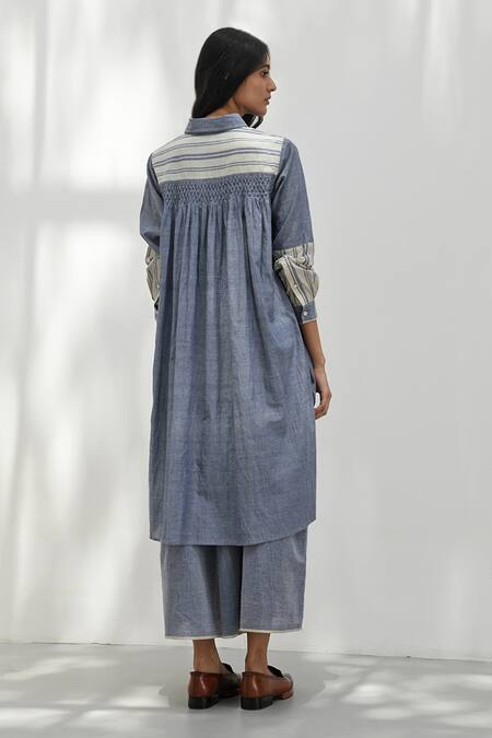 Shop_Payal Pratap_Blue Cotton Collared Molyvos Handloom Smocked Back Tunic _at_Aza_Fashions