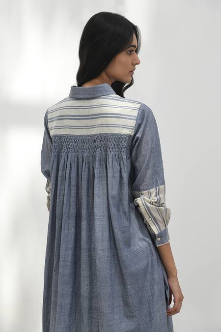 Payal Pratap_Blue Cotton Collared Molyvos Handloom Smocked Back Tunic _Online_at_Aza_Fashions