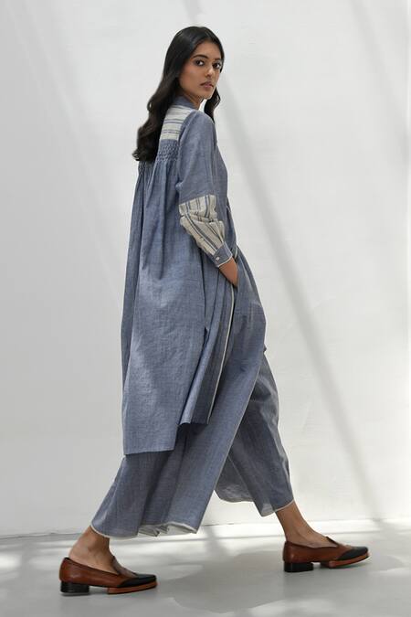 Buy_Payal Pratap_Blue Cotton Collared Molyvos Handloom Smocked Back Tunic _Online_at_Aza_Fashions