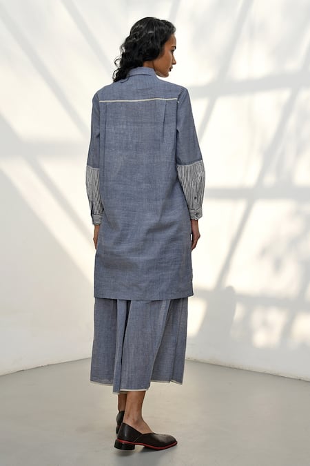 Shop_Payal Pratap_Blue Chambray Cotton Print Stripe Collar Nymfaio Front Open Tunic _at_Aza_Fashions
