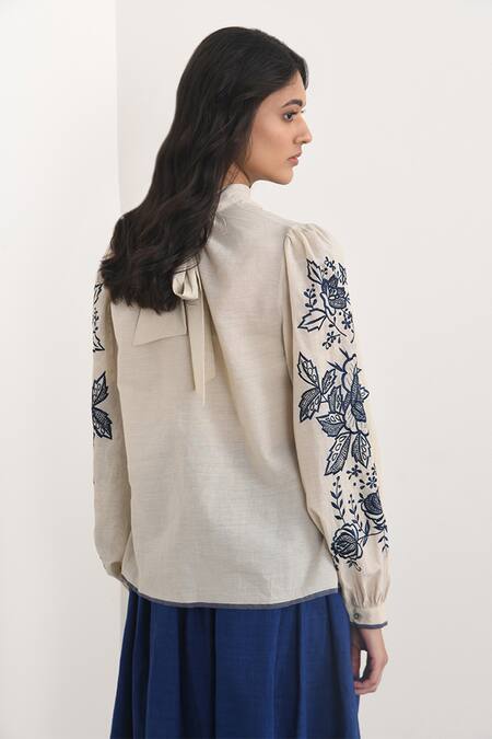 Shop_Payal Pratap_Beige Handloom Cotton Embroidery Floral Polo Neck Avezanno Top _at_Aza_Fashions
