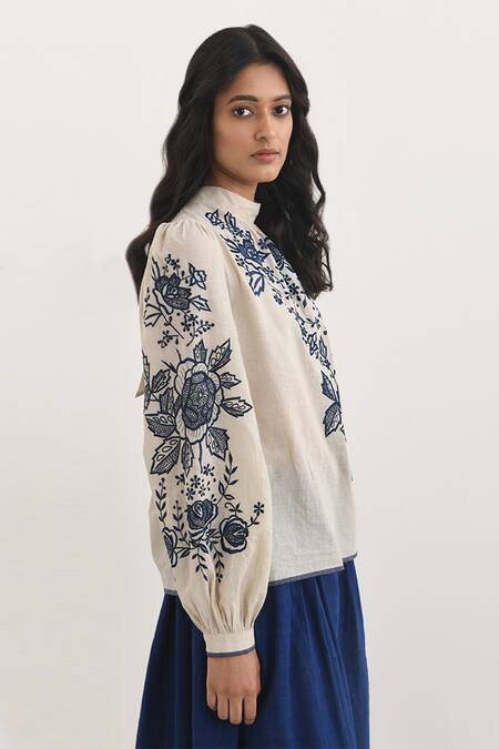 Payal Pratap_Beige Handloom Cotton Embroidery Floral Polo Neck Avezanno Top _Online_at_Aza_Fashions