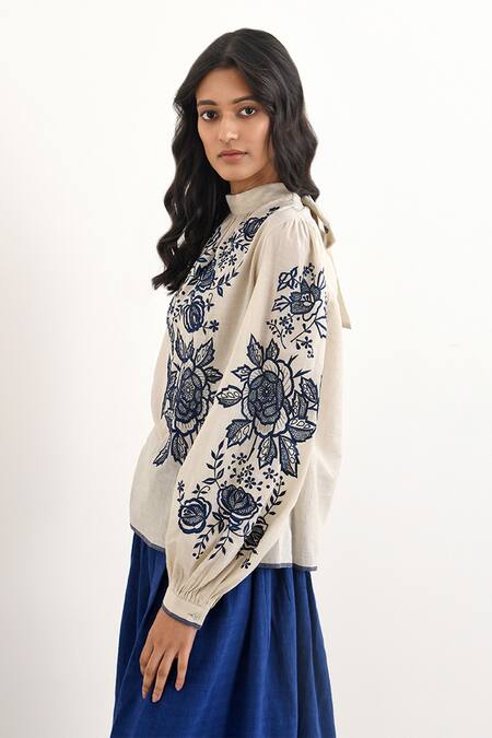 Buy_Payal Pratap_Beige Handloom Cotton Embroidery Floral Polo Neck Avezanno Top _Online_at_Aza_Fashions