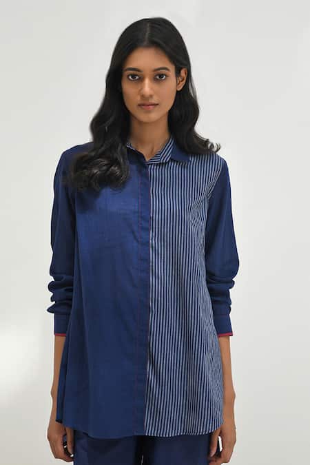 Payal Pratap_Blue Handloom Cotton Stripe Collared Neck Damania Button Down Shirt _Online_at_Aza_Fashions