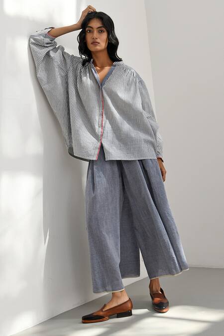 Shop_Payal Pratap_Blue Handloom Cotton Collared Oio Shirt _Online_at_Aza_Fashions