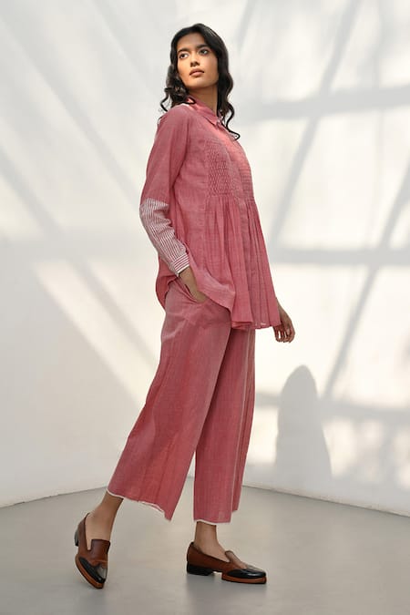 Payal Pratap_Pink Chambray Cotton Stripe Collared Neck Olympos Smocked Top _Online_at_Aza_Fashions