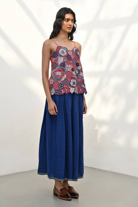 Payal Pratap_Pink Chambray Linen Applique Floral Square Neck Rose Top _Online_at_Aza_Fashions