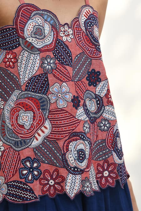 Buy_Payal Pratap_Pink Chambray Linen Applique Floral Square Neck Rose Top _Online_at_Aza_Fashions