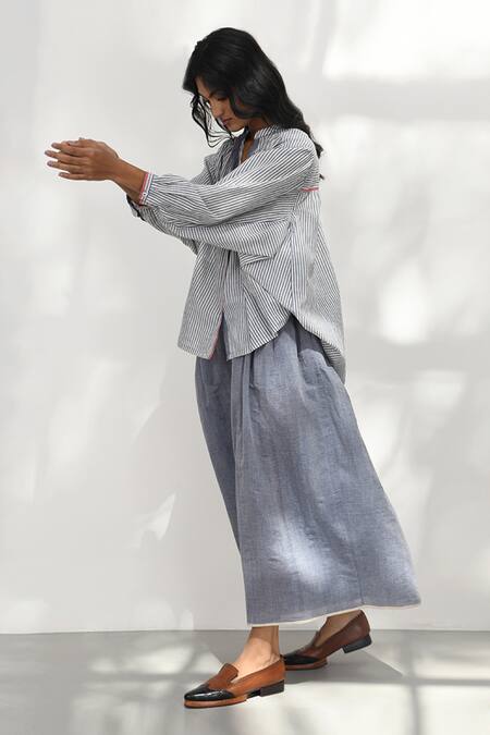 Payal Pratap_Blue Chambray Cotton Plain Taranto Handloom Pant _Online_at_Aza_Fashions
