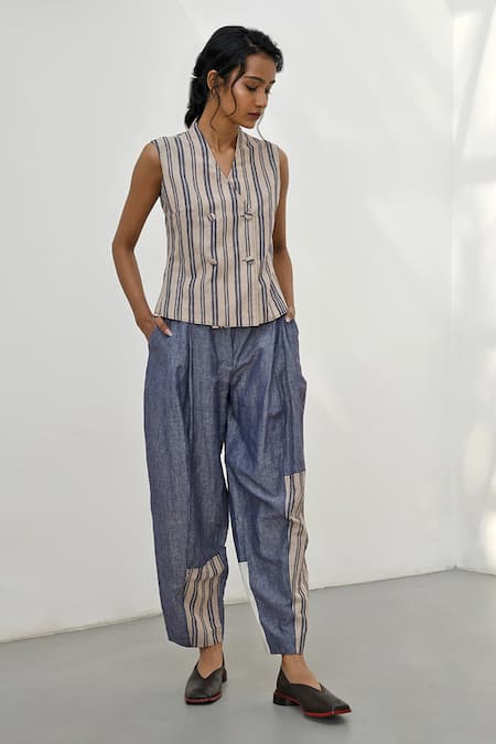 Shop_Payal Pratap_Blue Chambrey Linen Placement Stripe Petra Carrot Pant _at_Aza_Fashions