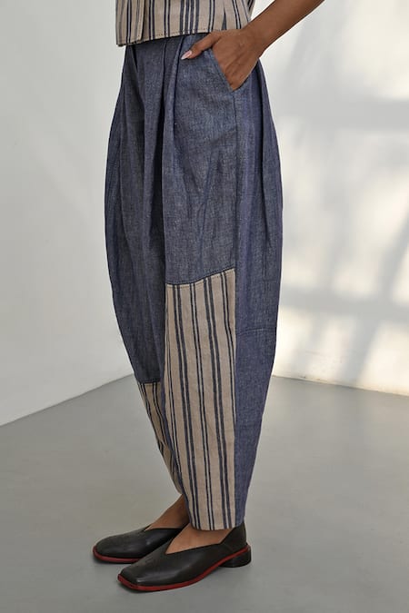 Payal Pratap_Blue Chambrey Linen Placement Stripe Petra Carrot Pant _Online_at_Aza_Fashions