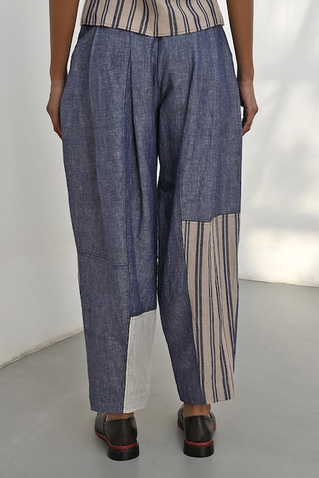 Buy_Payal Pratap_Blue Chambrey Linen Placement Stripe Petra Carrot Pant _Online_at_Aza_Fashions